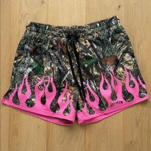 Kill Crew Camo Shorts with Pink Flames